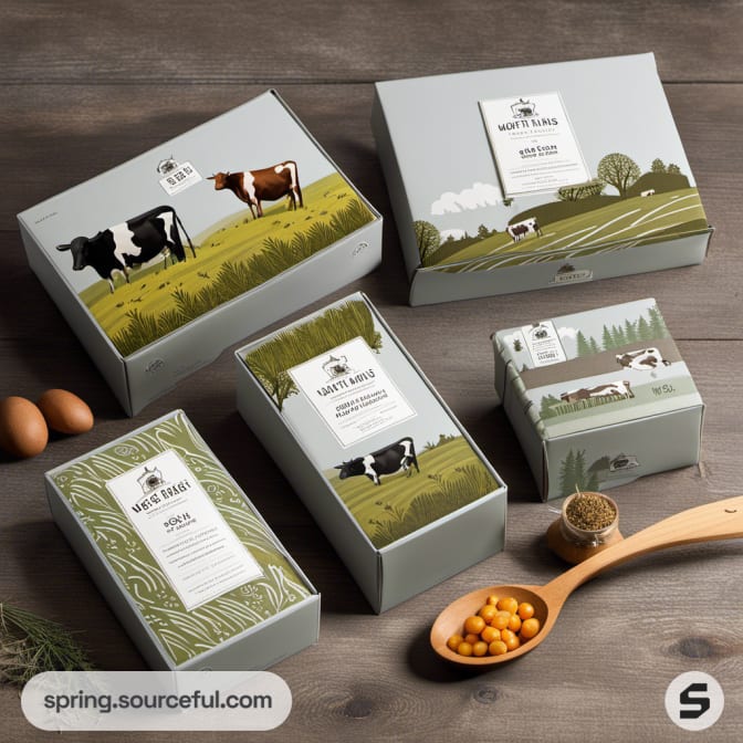 Farm-themed boxed packaging with cattle images and rustic elements.