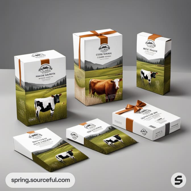 Field-themed product boxes with cow imagery on a rustic surface.