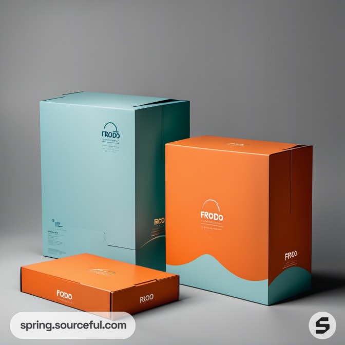 Orange and teal boxes with wave design on gray background