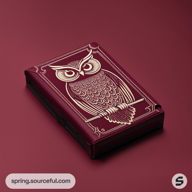 Maroon book-style case with an intricate owl illustration.