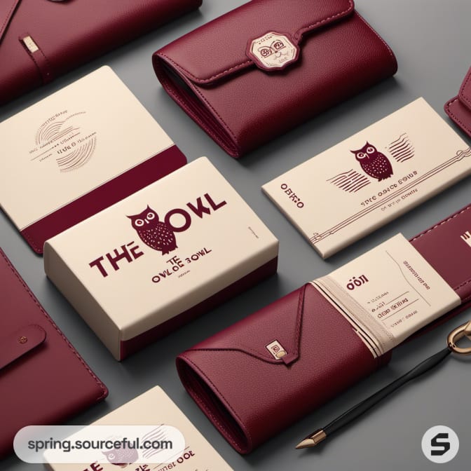 Collection of maroon wallets and white envelopes with owl designs.