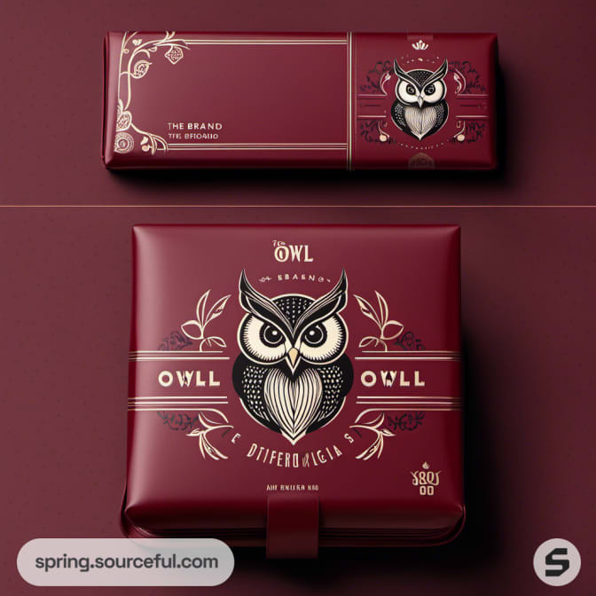 Maroon packaging with detailed owl illustrations, large and small boxes.