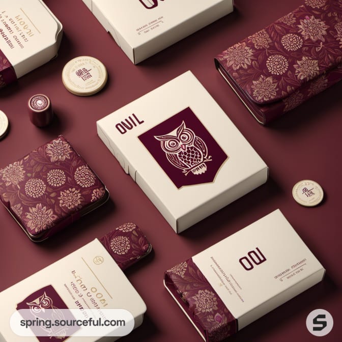 Maroon and white packaging boxes with floral and owl designs.