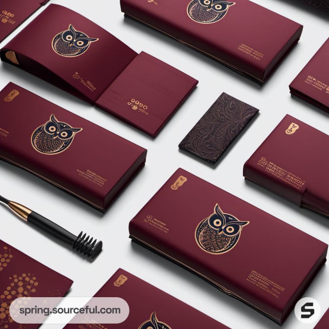 Maroon gift boxes and accessories with gold and black owl logos.
