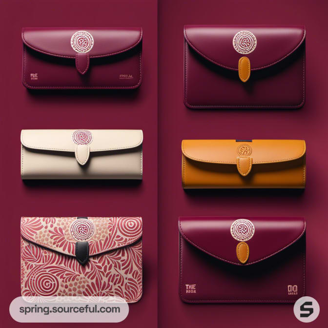 Assorted colorful clutches with ornate closures displayed.