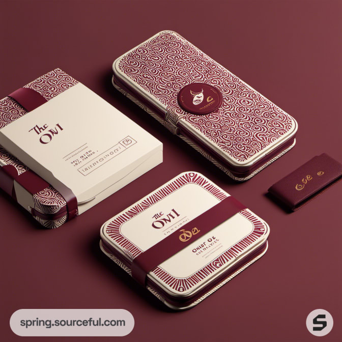 Maroon and white themed packaging set with intricate patterns.