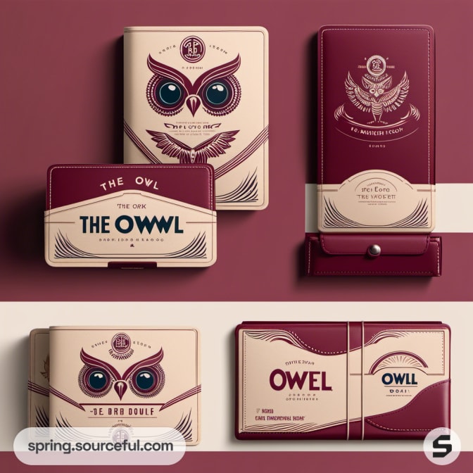 Owl-themed packaging with vintage-style illustrations in maroon.