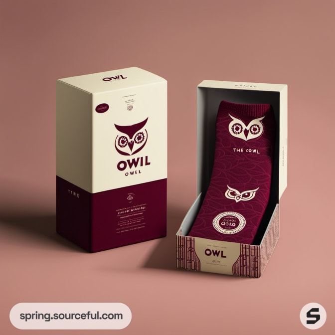 Red and white box with owl illustration, open to show folded socks.