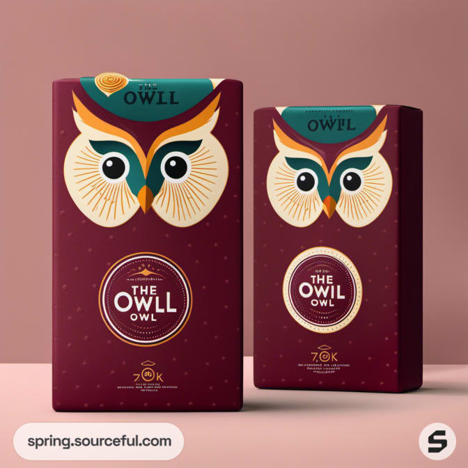 Red boxes with large owl face illustration on teal background.