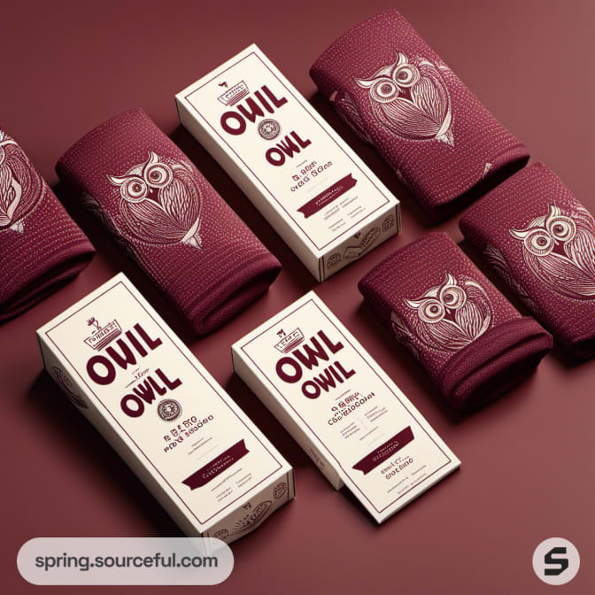 Red packaging with owl graphics, displaying rolled fabric items.