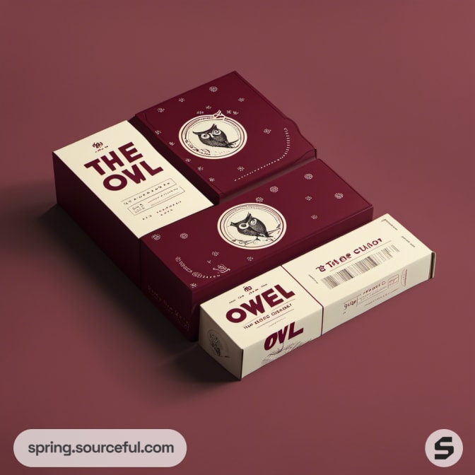 Maroon and cream packaging with owl sketch, labeled 'The Owl'.