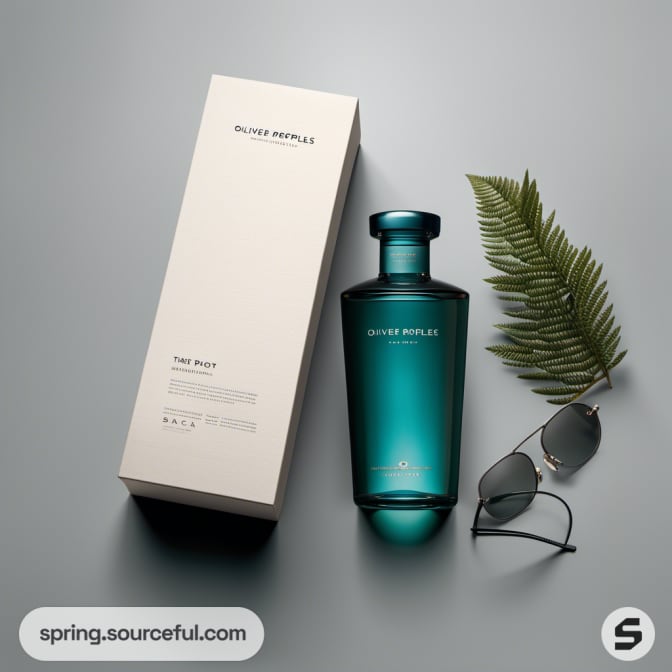 Teal bottle with fern, sunglasses, and cream box packaging.