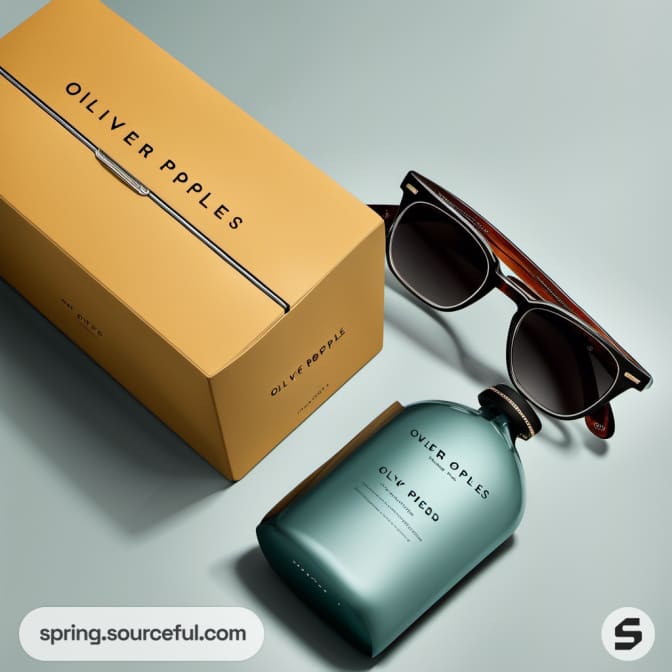 Yellow box with teal bottle and sunglasses on gray backdrop.