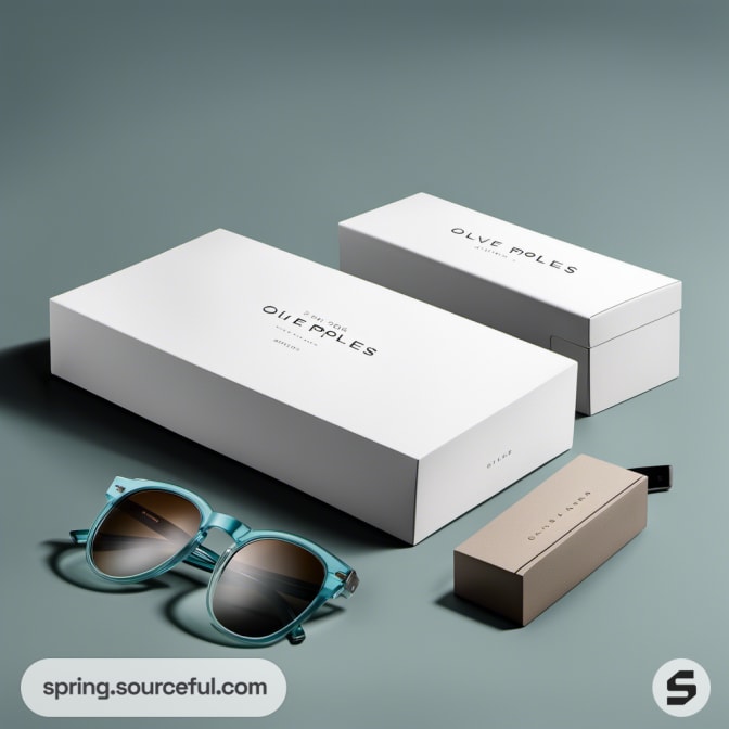 White boxes with turquoise sunglasses and beige bar.