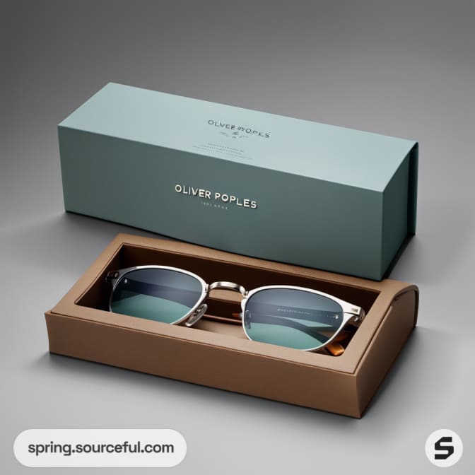 Pastel green box with sunglasses in a brown tray.