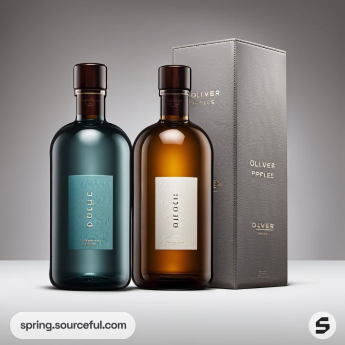 Two bottles, teal and amber, with gray box.