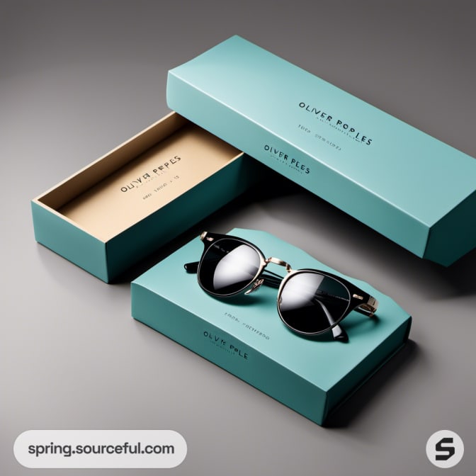 Teal box with sunglasses and beige interior packaging.