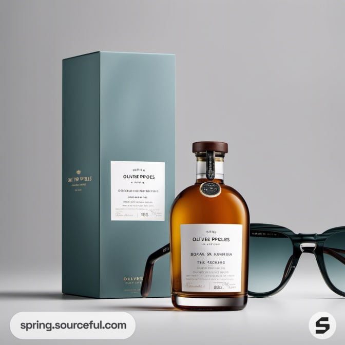 Brown bottle with teal box and sunglasses on white surface.