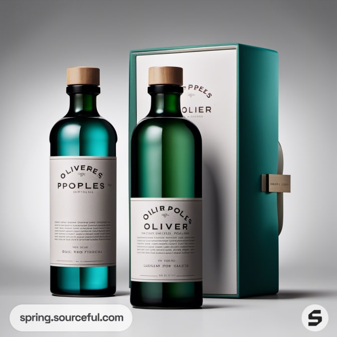 Two green bottles with teal box against gray background.