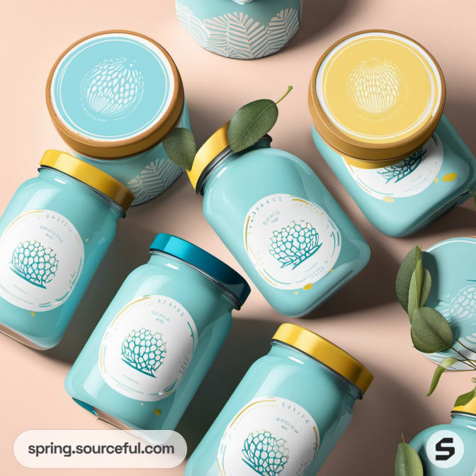 Turquoise jars with floral lids and labels on beige background.
