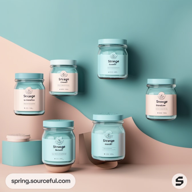 Blue and beige jars with minimal labels on a two-tone backdrop.
