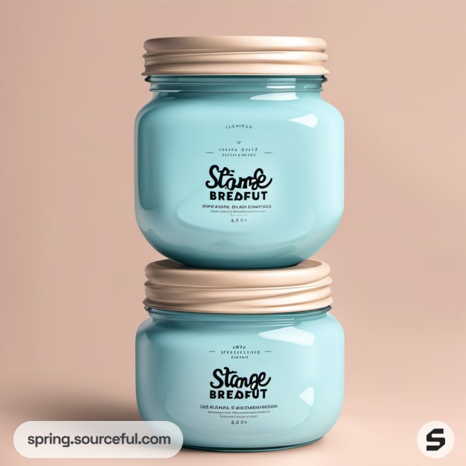 Two stacked turquoise jars with beige lids on neutral background.