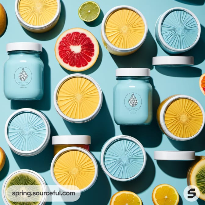 Jars with yellow and turquoise lids and citrus slices on blue surface.