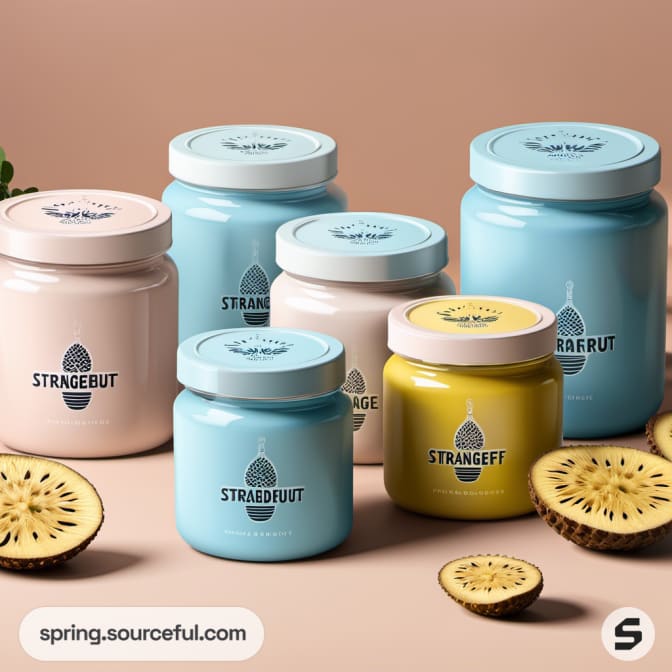 Varying-sized pastel jars with round lids and exotic fruits.