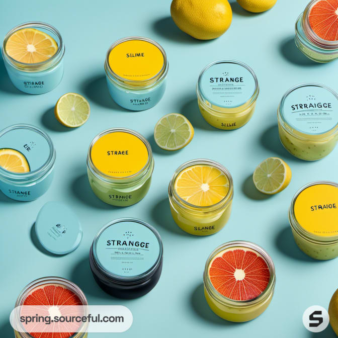 Open jars with colorful labels and citrus fruits on blue backdrop.