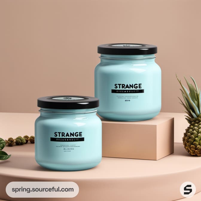Two turquoise jars with black lids and plants on beige setting.