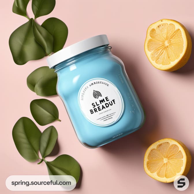 A turquoise jar with round white label and lemon halves.