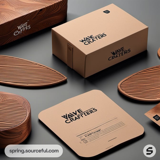Brown box and wooden patterns, 'Wave Crafters' branding.
