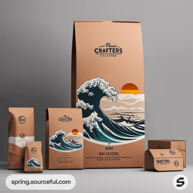 Tall brown bag with ocean wave illustration, various package designs.