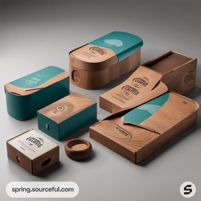 Turquoise and wood-themed packaging, multiple box shapes.