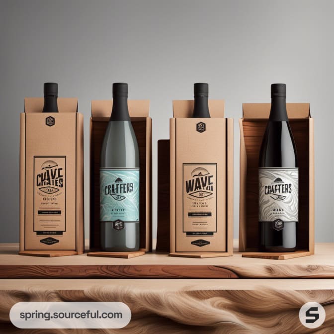 Wine bottles in brown packaging, wood accent base.