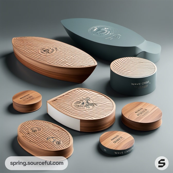 Wood and teal containers, various shapes, 'Wave Chef' branding.