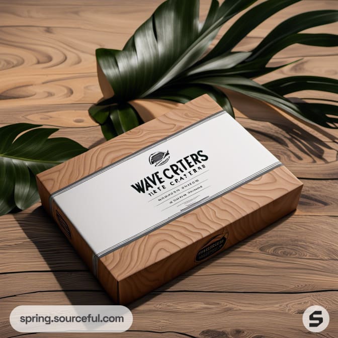 Wooden textured box with leaves, 'Wave Crafters' label.