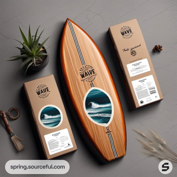 Surfboard-shaped wood decor and box packaging, coastal theme.