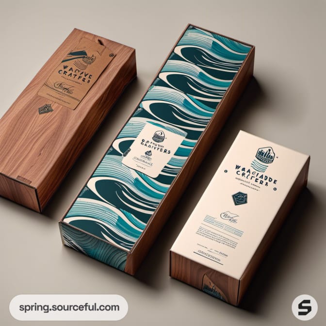 Wave-themed packaging, wooden textures and wave patterns.