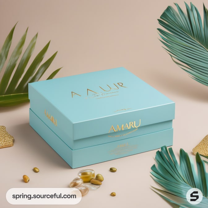 Light blue box with gold text, surrounded by palm leaves and gold accents.