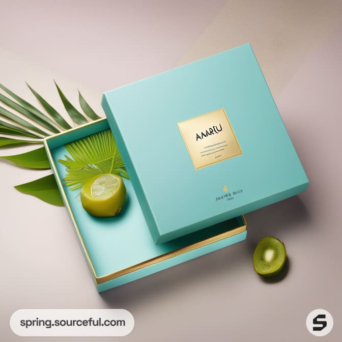 Open teal box with leafy background, half a citrus fruit inside.