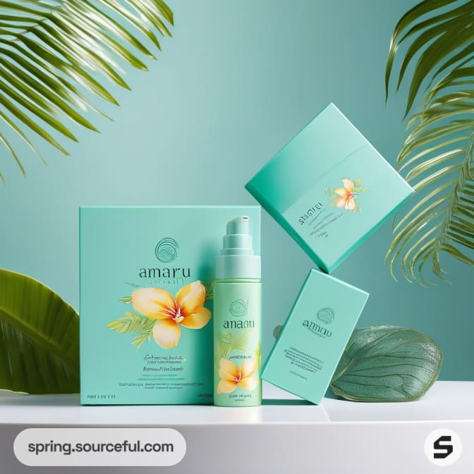 Skincare set with floral-themed teal packaging against leaf backdrop.