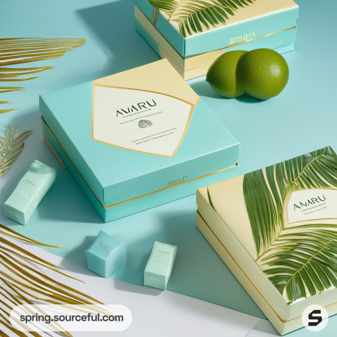 Square boxes with leaf designs, teal and beige theme, limes nearby.