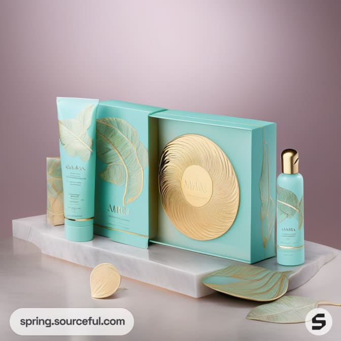 Teal box set with gold accents, skincare products on marble surface.