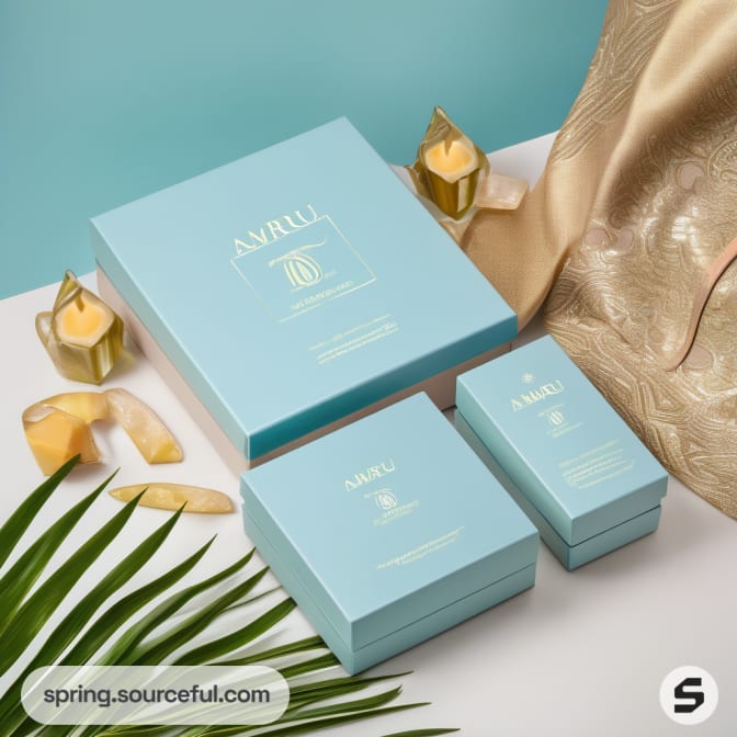 Blue boxes with gold details, surrounded by fruits and golden fabric.