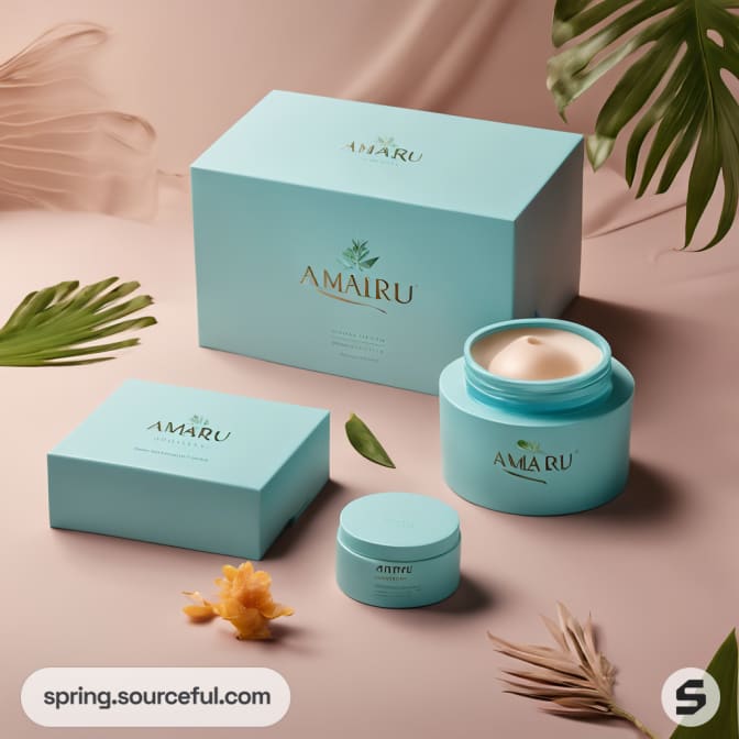 Teal cosmetic jars and boxes, surrounded by tropical leaves.
