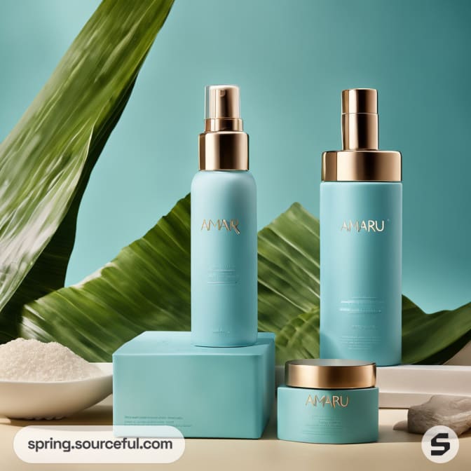 Teal skincare bottles with gold caps, leaf background.