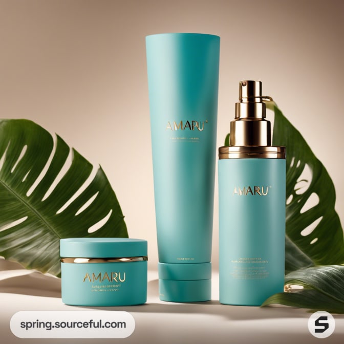 Teal skincare packaging with gold accents, tropical leaves.