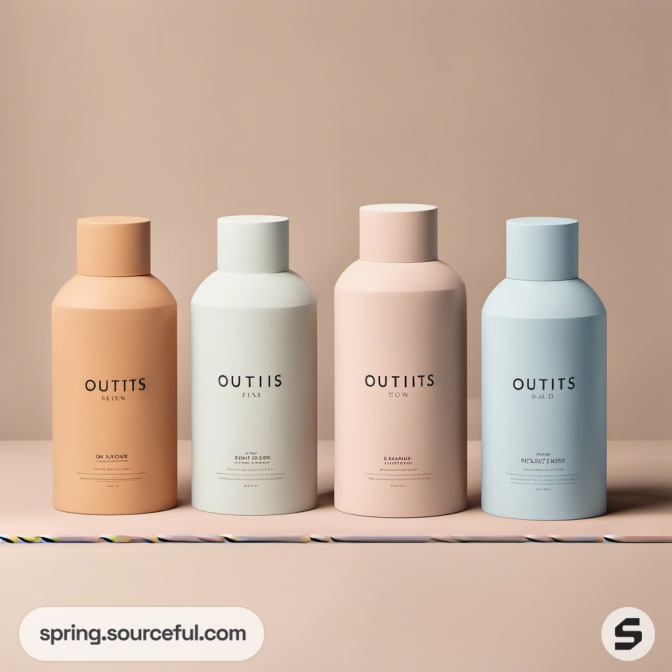 Four pastel-colored bottles on beige background.