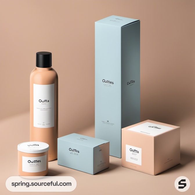 Variety of pastel containers on beige background.